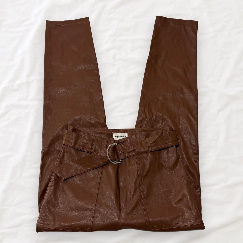Superdown Chanice Brown Faux Leather Buckle Pants
